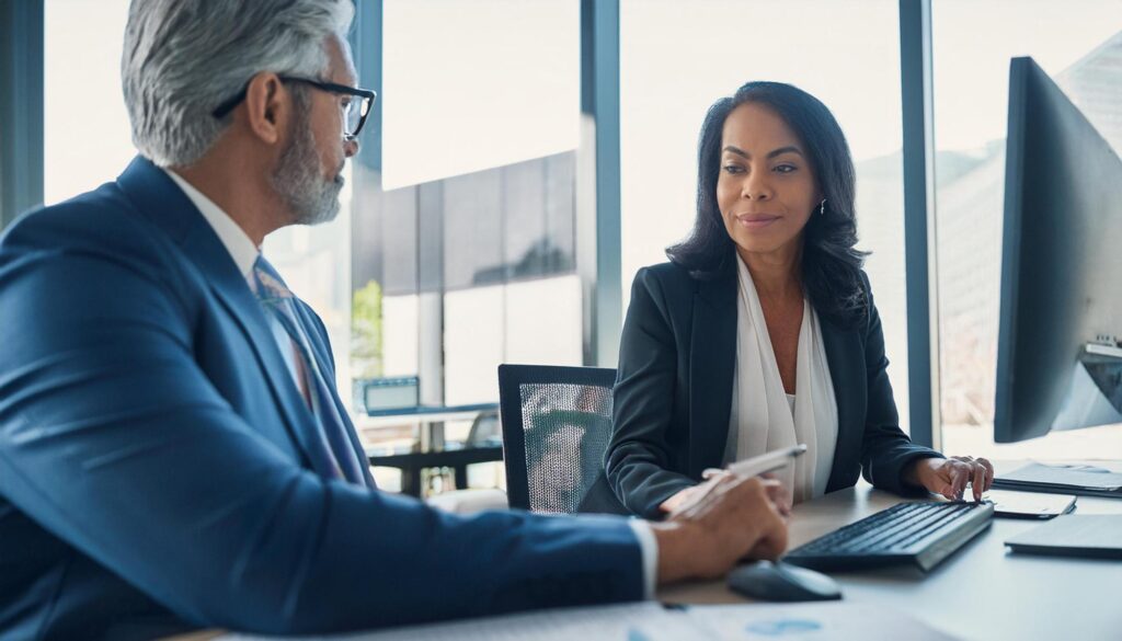 Courtier et client comparant des solutions sur ordinateur